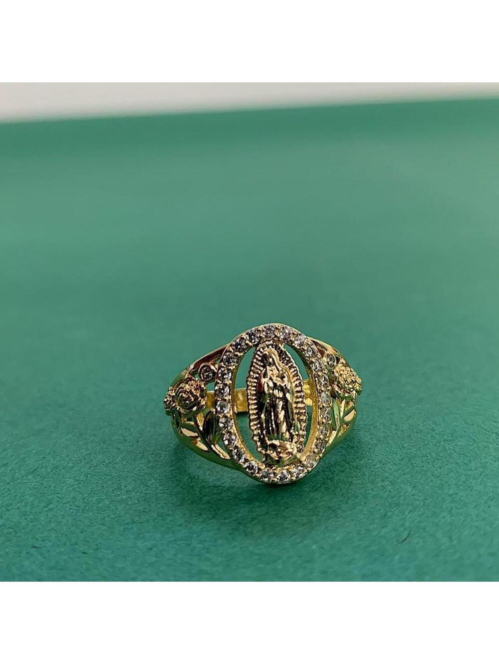 Gold Saint Marry Rhinestone Ring. Vintage y2k 90s style ring. Unisex. Size 8